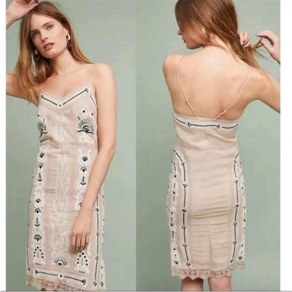 Anthropologie Dresses & Skirts - ANTHROPOLOGIE Maeve Embroidered Art Deco Beige Lace Trim Slip Dress Medium